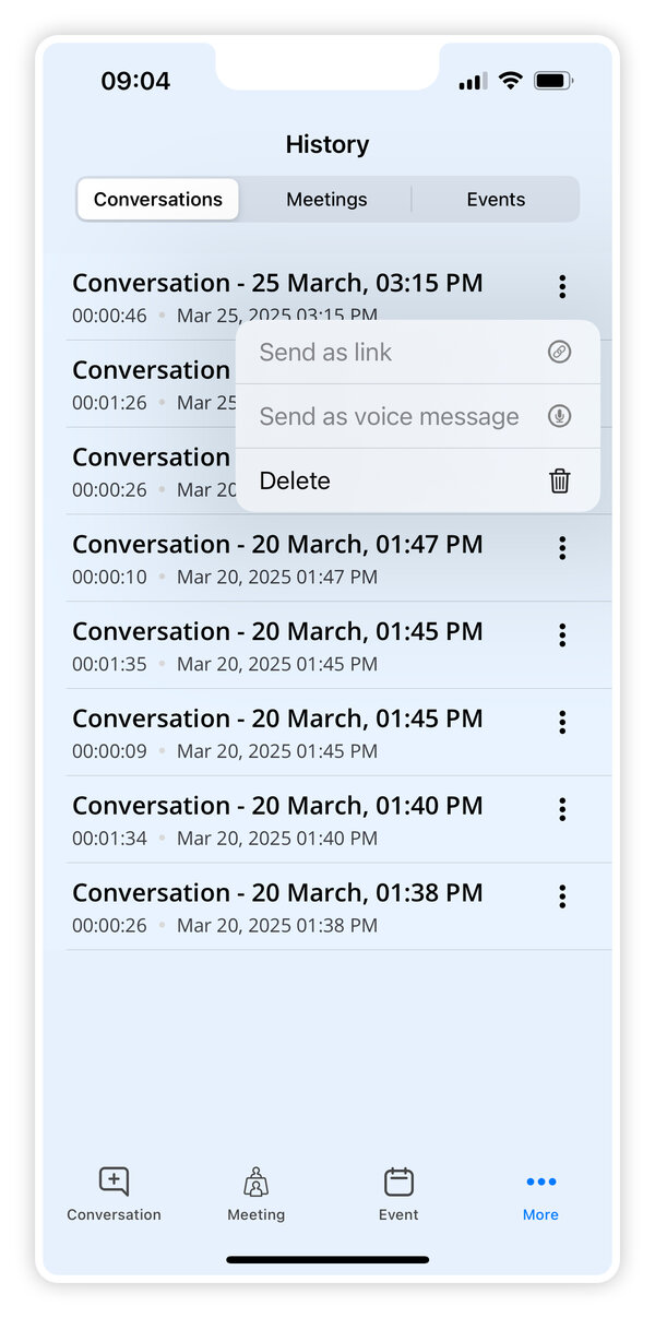 History-Ansicht in der TONI live App