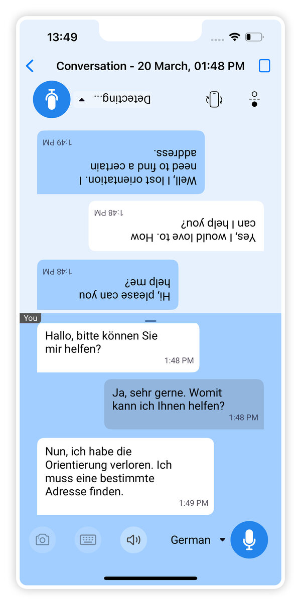Geteilte Ansicht nach Sprechern in der TONI live App
